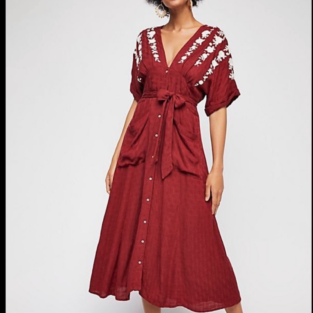 Free People Love to Love You Red Embroidered Dress with Pockets - Size Large